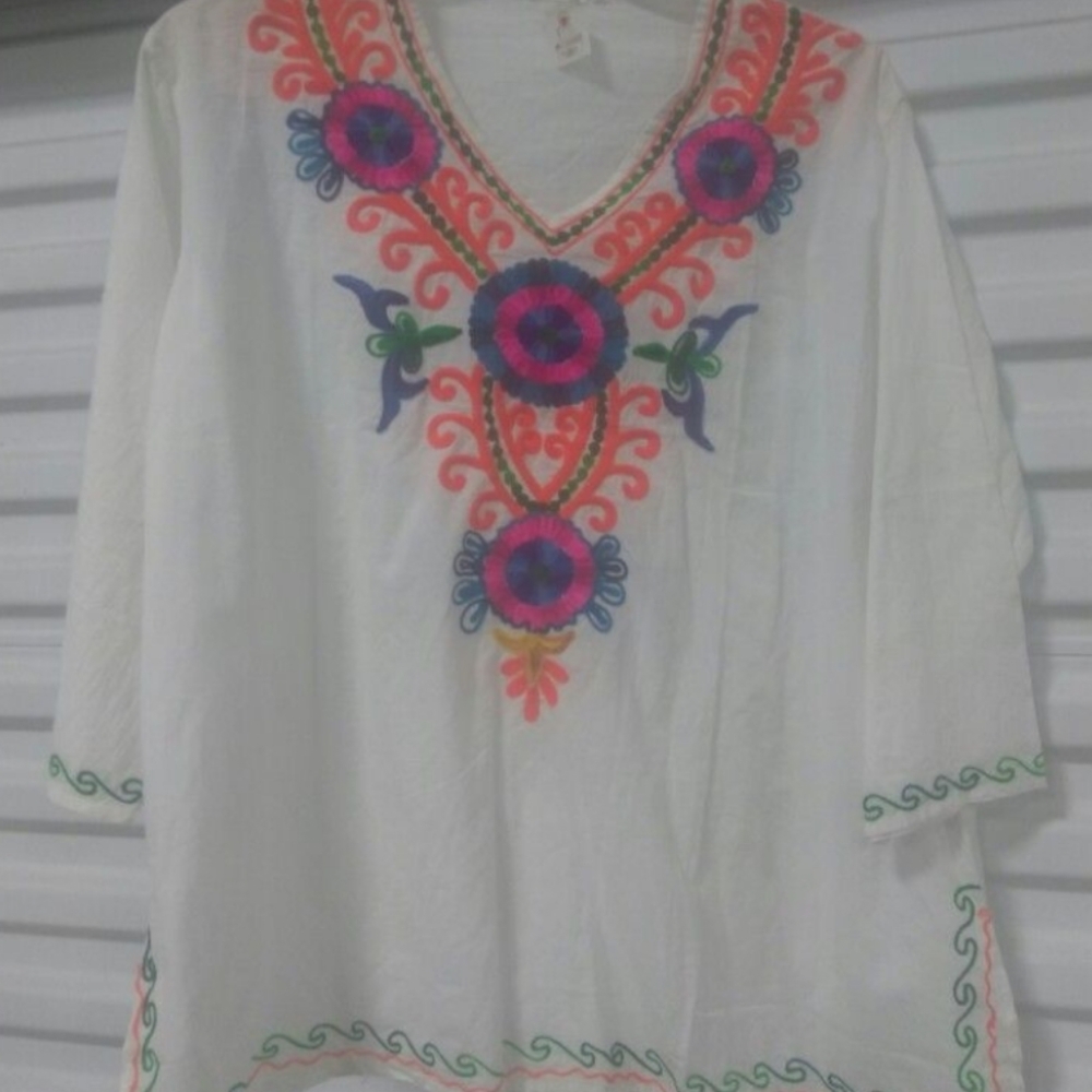 Embroidered White V-Neck Boho Top with Multicolor Accents